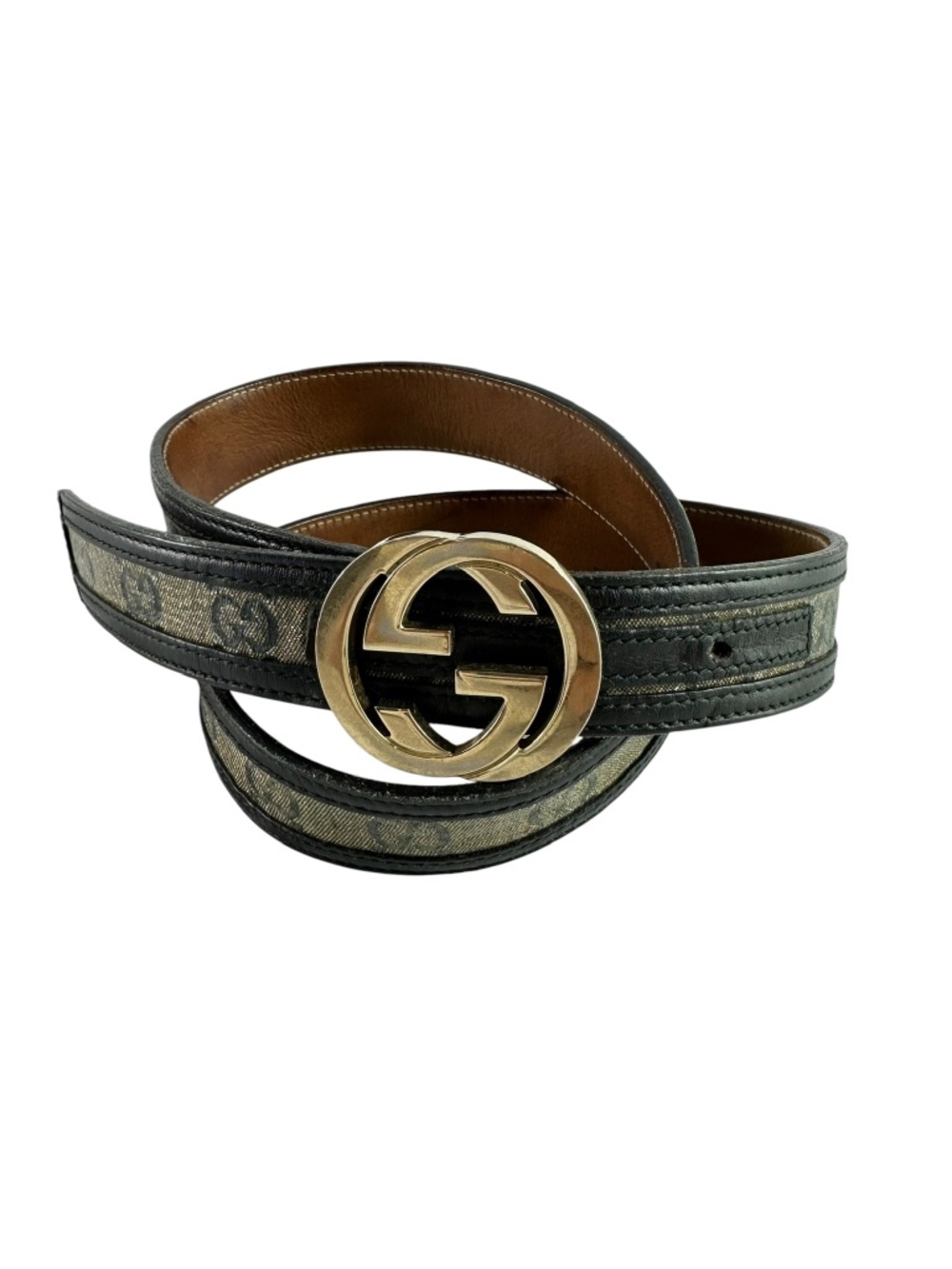 Genuine Vintage GUCCI Black Leather Canvas Interlocking GG Gold Buckle Belt 34